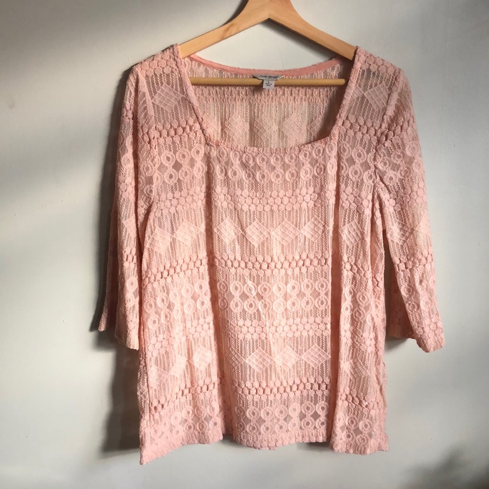 Lucky Brand Square Neck Peach Embroidered Top
